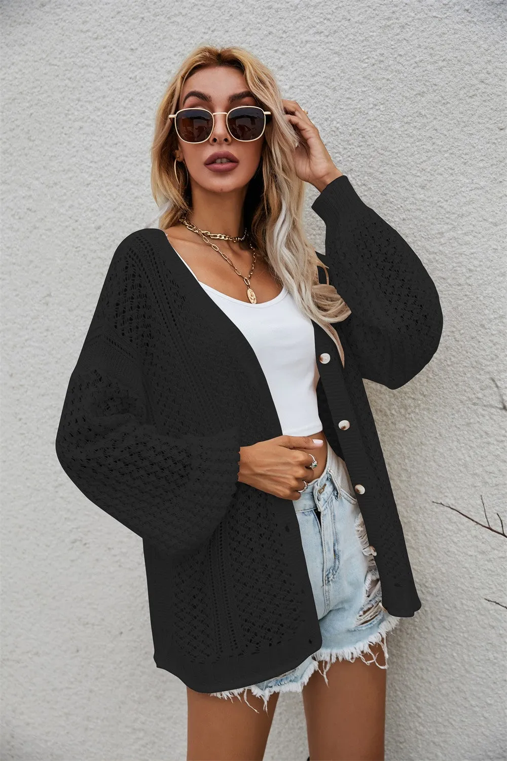 Openwork V-Neck Button Up Cardigan