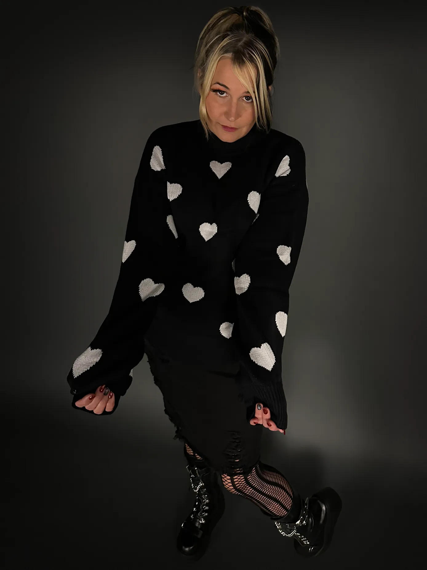 Outfit Set - Distressed Black Denim Skirt & Oversized Black Sweater with White Hearts