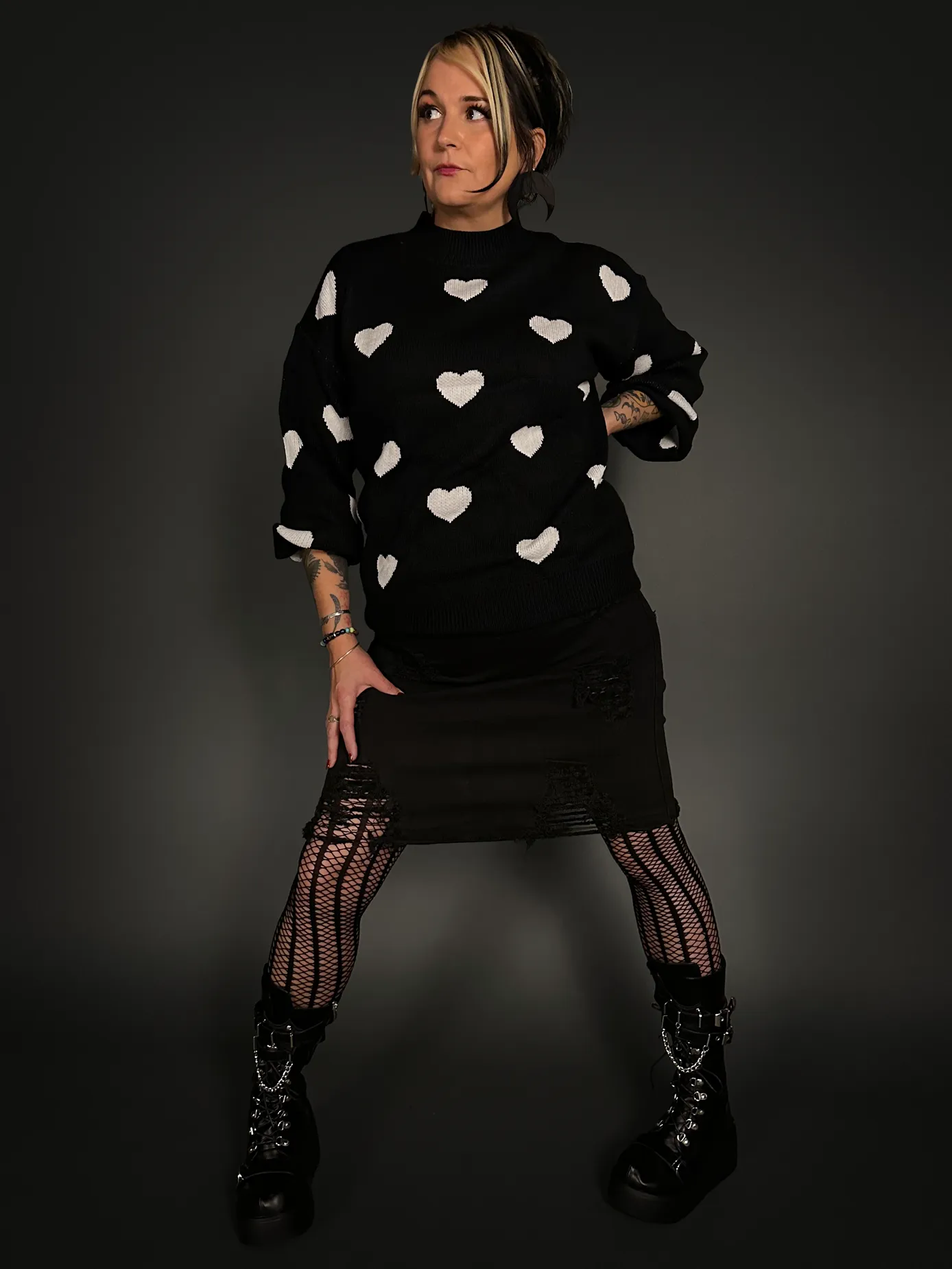 Outfit Set - Distressed Black Denim Skirt & Oversized Black Sweater with White Hearts