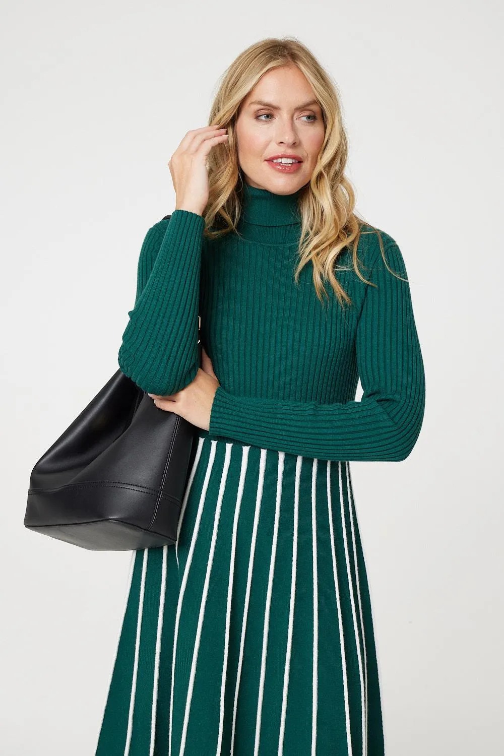 Striped Knit Top High Neck Midi Dress