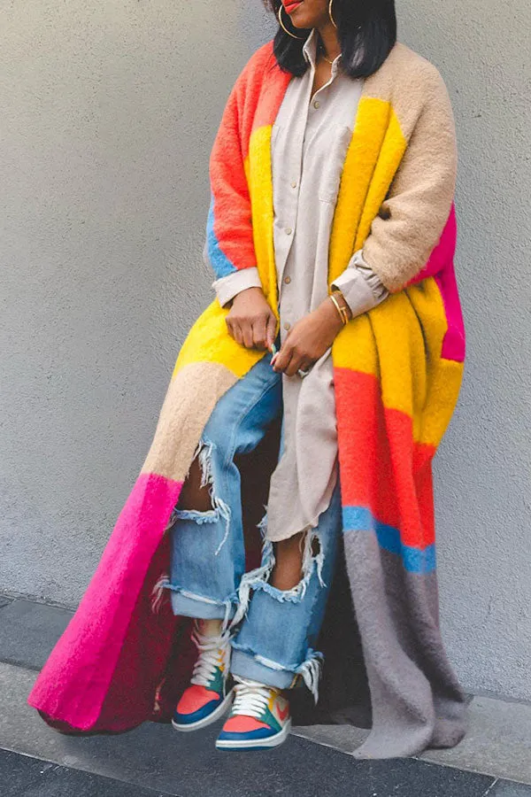 Stylish Colorblock Drop Shoulder Knit Cardigan