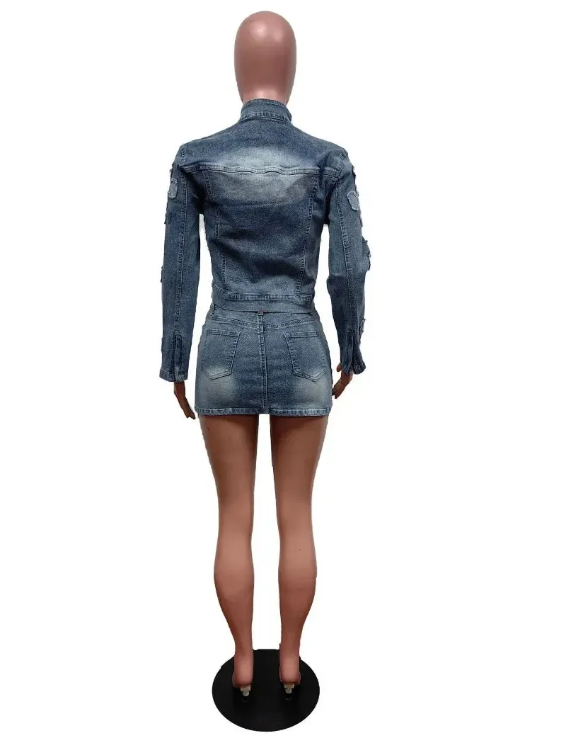 Trendy Embroidery Denim Two Piece Jacket And Mini Skirt