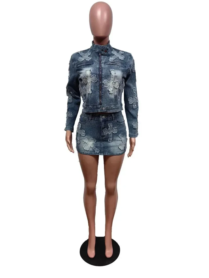 Trendy Embroidery Denim Two Piece Jacket And Mini Skirt