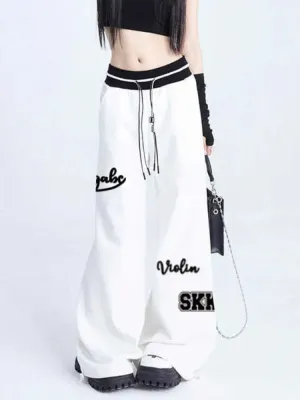 Women Sports Pants Hip Hop Baggy Letter Pattern Wide Leg Jogging Pants