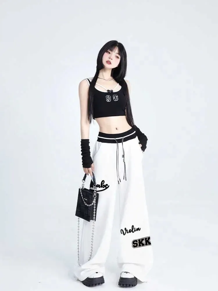 Women Sports Pants Hip Hop Baggy Letter Pattern Wide Leg Jogging Pants