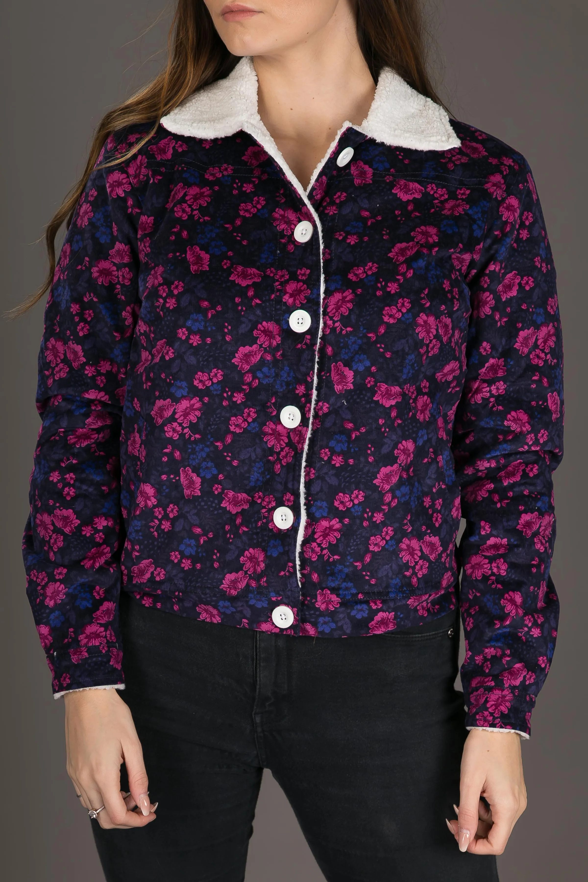 Womens Floral Print Wool Jacket Shearling Fur Lining