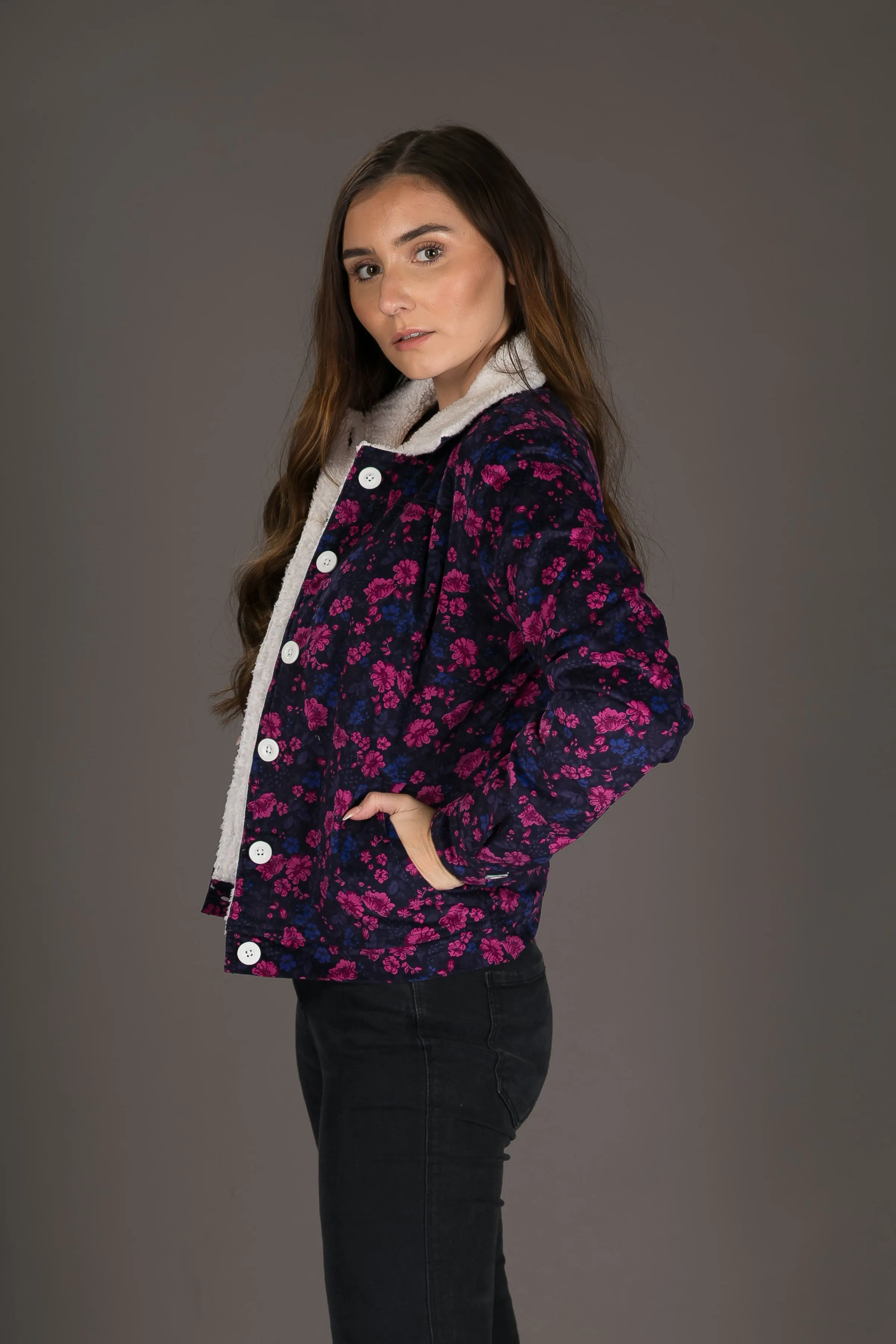 Womens Floral Print Wool Jacket Shearling Fur Lining